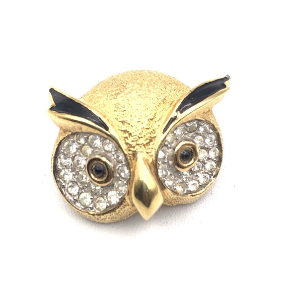 Vintage Jomaz Owl Brooch Enamel Eyes Gold Tone Br… - image 1