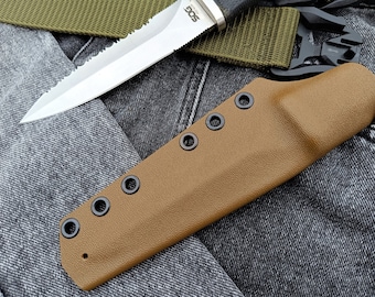 Kompakt kydex-slida för Sog Pentagon-kniv. Coyote Color. Handgjord taktisk kydex-slida. Monteringsalternativ: ulticlip, clip, tek lock.
