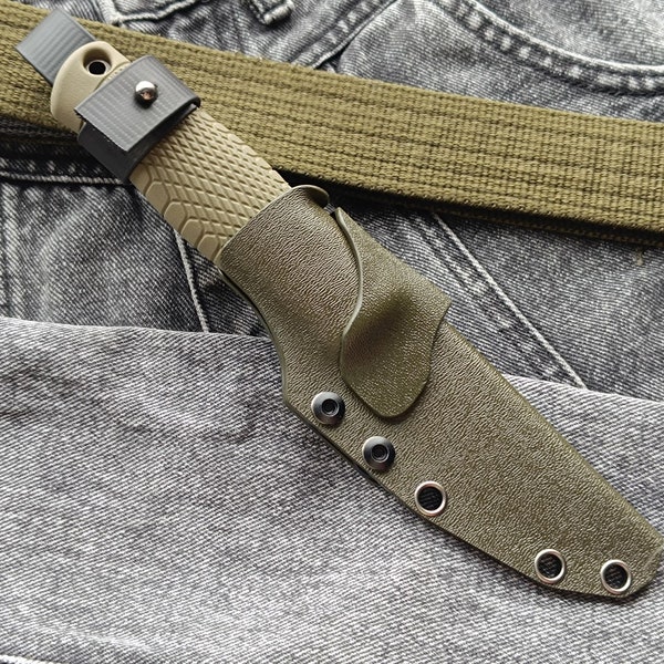 Compact olive kydex sheath for a knife Benchmade Puukko (200). Vertical suspension on a belt. Scabbard with attachment.