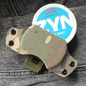 May include: A camouflage-patterned pouch with black snaps and a green clip. The pouch is sitting on a pair of blue jeans. A can of ZYN X-Strong Cool Mint nicotine pouches is visible in the background.