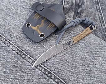 Hoja fija compacta. Cuchillo, funda de kydex, soporte, cordón de paracord. Cuchillo EDC Skeleton. Modelo VERBA de KULLTA. Cuchillo ligero de cuello.