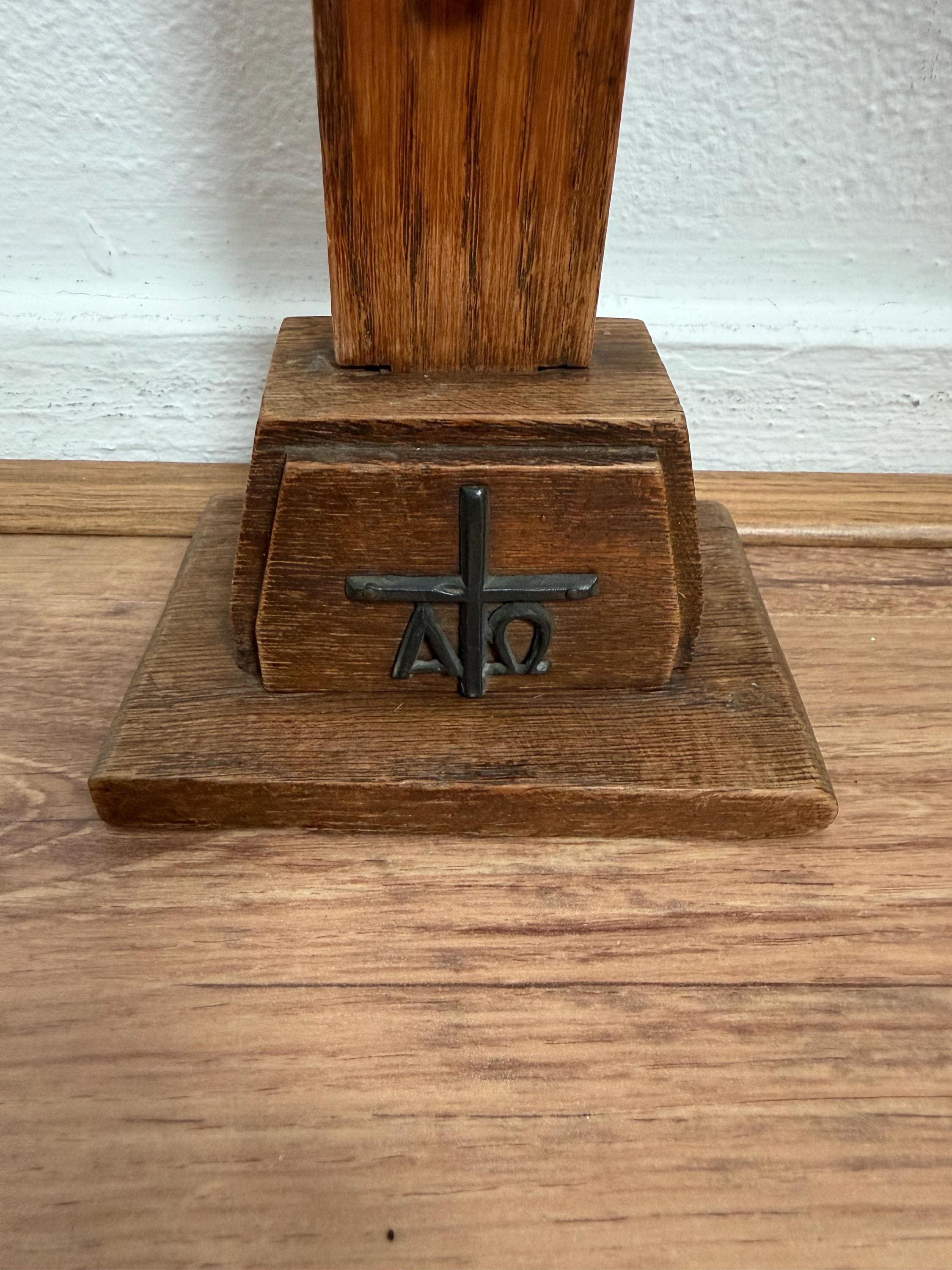 Vintage Standing Crucifix Wood & Metal Jesus Cross, INRI Alpha Omega Catholic Altar Cross, Religious image 2