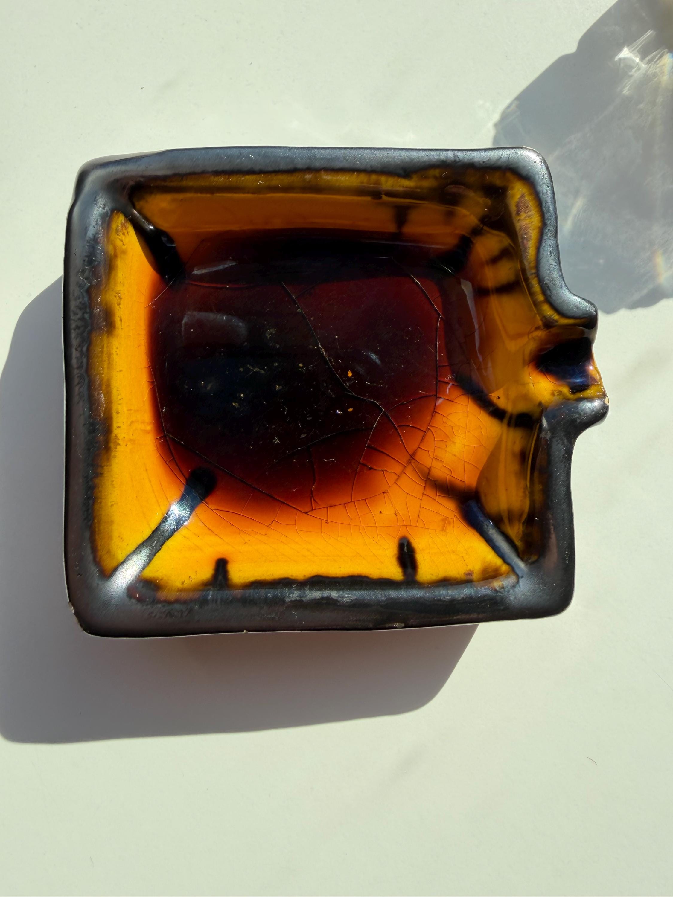 Vintage Ceramic Ashtray, Amber Brown Glazed Decorative Dish, Signed Arti Pottery Tray