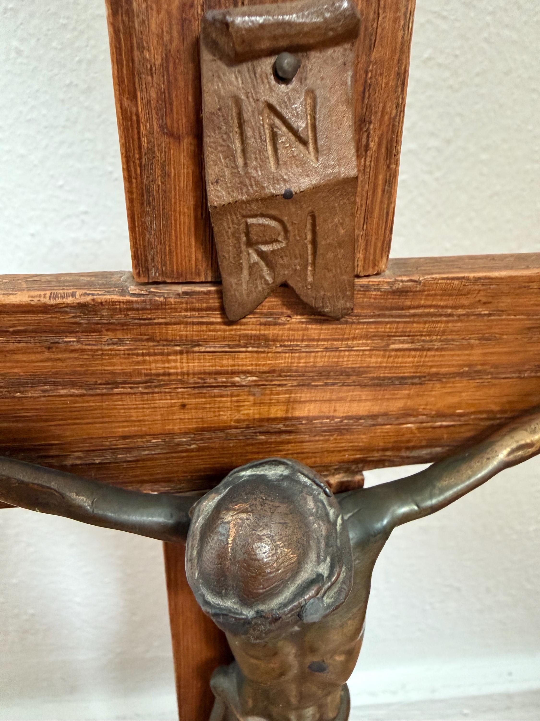Vintage Standing Crucifix Wood & Metal Jesus Cross, INRI Alpha Omega Catholic Altar Cross, Religious image 4