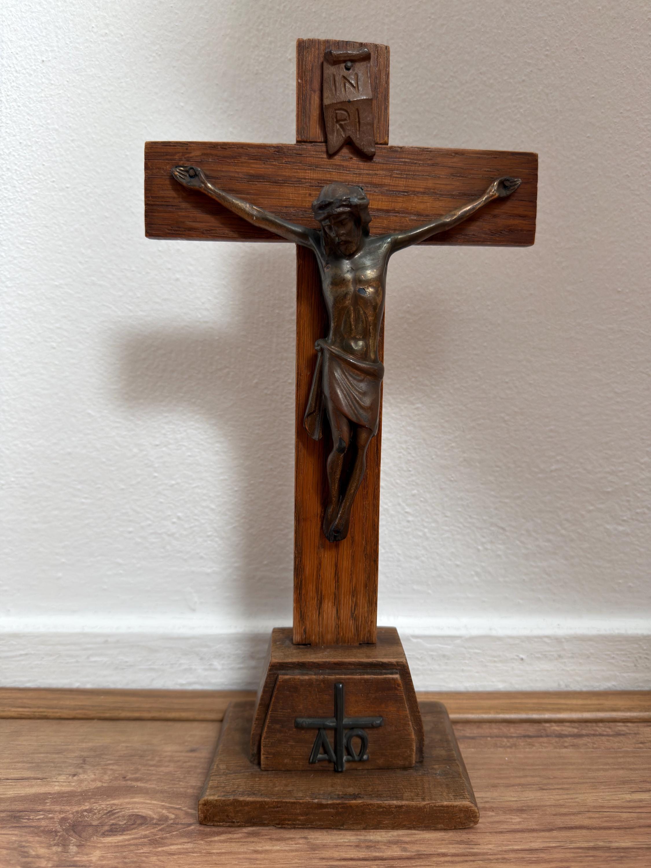 Vintage Standing Crucifix Wood & Metal Jesus Cross, INRI Alpha Omega Catholic Altar Cross, Religious
