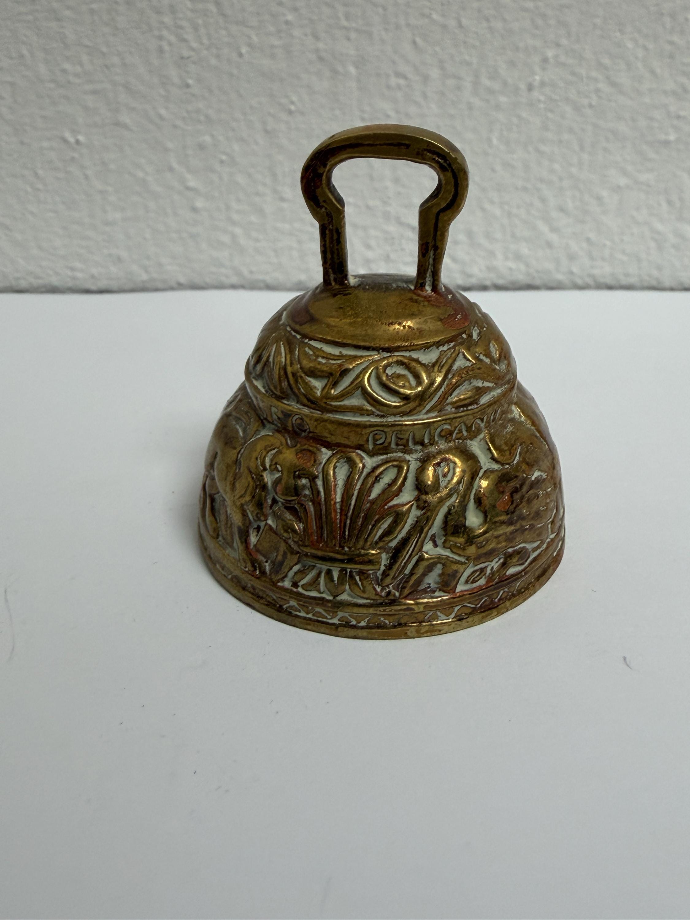 Vintage Brass Tone Hand Bell, Ornate Decorative Bell with Latin Animal Inscriptions