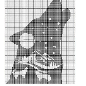 May include: Black and white pixel art pattern of a wolf howling at the moon. The pattern is on a grid with black lines and white squares. The wolf is in the center of the image and is facing the right side of the image.