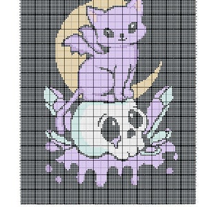 May include: A cross-stitch pattern featuring a purple cat with wings sitting on a skull with a crescent moon behind it. The pattern is 120 stitches wide by 150 stitches long.