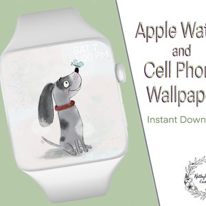 De hond en de vlinder Apple Watch / Fitbit / Mobiele telefoon Handgetekende Wallpaper Digital Download