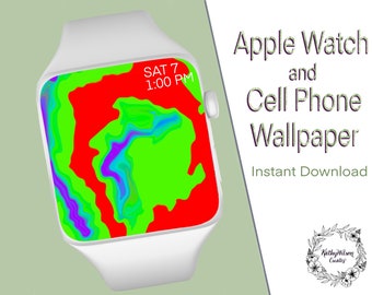 Vert Rouge Abstrait Apple Watch / Fitbit / Téléphone portable Fond d’écran dessiné à la main Téléchargement numérique