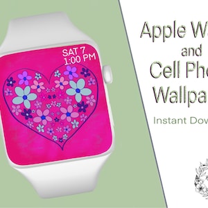 May include: A digital watch face with a pink background and a heart design made of colorful flowers. The text "SAT 7 1:00 PM" is displayed on the watch face. The image is for an Apple Watch and cell phone wallpaper.