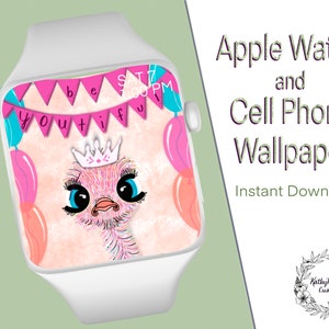 Verjaardag Emu Apple Watch / Fitbit / Mobiele telefoon Handgetekende Wallpaper Digital Download