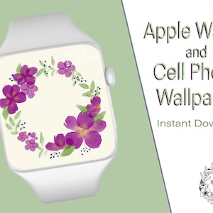 Purple Floral Wreath Apple Watch / Fitbit / Cell Phone Hand-drawn Wallpaper Digital Download