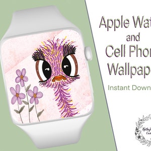 Emu met bloemen Apple Watch / Fitbit / Mobiele telefoon Hand-drawn Wallpaper Digital Download