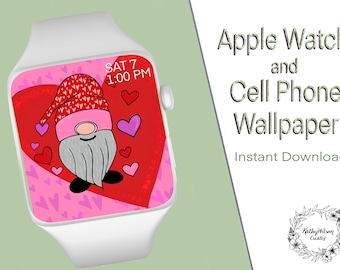 Valentines Gnome Apple Watch / Fitbit / Téléphone portable Fond d’écran dessiné à la main Téléchargement numérique