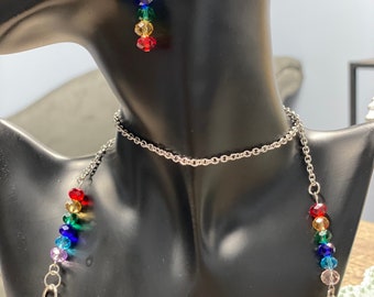 Magnetic breakaway stainless steel lanyard. Beautiful rainbow glass crystals with matching earrings for kids or adults. Handmade USA.