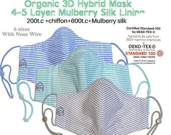 Organic cotton 200t.c+600t.c 4-5 layer hybrid face mask. 6 sizes. Adjustable elastics, filter pocket, nose wire. Cotton or silk liner. USA