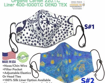 Stars. Galaxy Starry Night inspired. Organic cotton hybrid face mask. Adjustable elastics, nose wire. Customize size & layer- silk (avail).