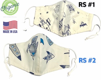 Rocket Ship. GOTS - Organic 3D hybrid premium quality face mask for adults & kids. 2-5 layer: Chiffon, Silk, cotton 200+ T.C. USA
