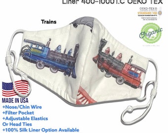Cars, Trucks, Trains. Organic cotton hybrid face mask. Adjustable elastics, filter pocket, nose wire. Customize size & layer- silk (avail).