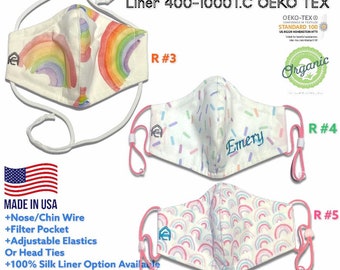 Rainbows. Sprinkles. Organic cotton hybrid face mask. Adjustable elastics, filter pocket, nose wire. Customize size & layer- silk (avail).