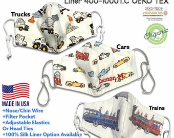 Cars, Trucks, Trains. Organic cotton hybrid face mask. Adjustable elastics, filter pocket, nose wire. Customize size & layer- silk (avail).