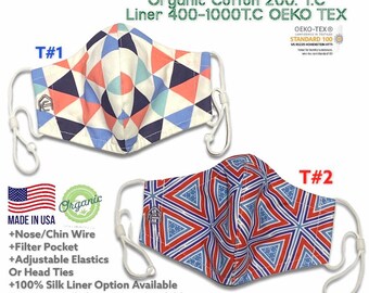 Red white and blue triangles. Organic 3D hybrid premium face mask for adults & kids. Handmade USA. 2-5 layer: Cotton, Chiffon, Silk (Avail.)