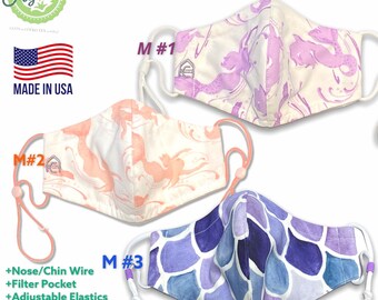 Mermaid. Organic cotton 3D Hybrid face mask. Adjustable elastics + filter pocket + nose wire. Customize size & layer- silk liner available.