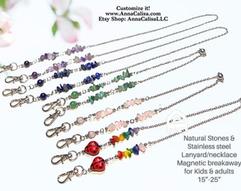 Magnetic breakaway stainless steel lanyard. Beautiful rainbow glass crystals with matching earrings for kids or adults. Handmade USA.