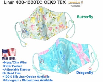 Butterfly. Dragonfly. 3D hybrid face mask for adults & kids. Customize 2-5 layer. 600T.C chiffon, nose wire, and filter pocket.