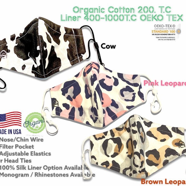 Leopard print. 100% organic 3D hybrid premium quality face mask for adults & children. Handmade in USA. 2-5 layer: Cotton, Chiffon, 600T.C