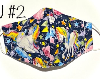 Unicorn 3D hybrid face mask for adults & kids. Handmade in USA. 2-5 layer. Quilt cotton, 600T.C chiffon, nose wire, and filter pocket.