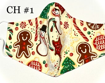 Christmas 3D Hybrid face mask customized for adults & children handmade in USA. 2-4 layers. 600 T.C organic cotton or silk liner, Chiffon.