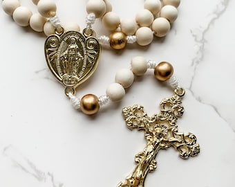 Catholic Rosary made with white and gold wood beads and micro cord and gold tone rosary parts | Catholic gift | Paracord rosary