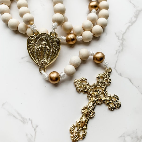 Catholic Rosary made with white and gold wood beads and micro cord and gold tone rosary parts | Catholic gift | Paracord rosary