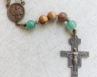 Saint Francis San Damiano Crucifix bronze rosary made with olive wood beads and green aventurine gemstones and micro cord | Catholic rosary