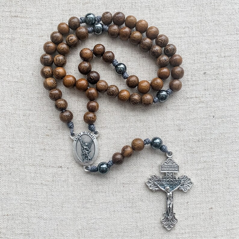 St Michael Catholic Rosary made with wood and hematite beads image 0