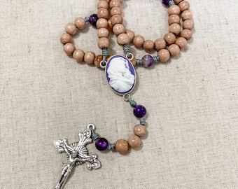 Catholic rosary with purple cameo Madonna of the Streets centerpiece, rosewood beads, amethyst gemstone beads, and micro cord