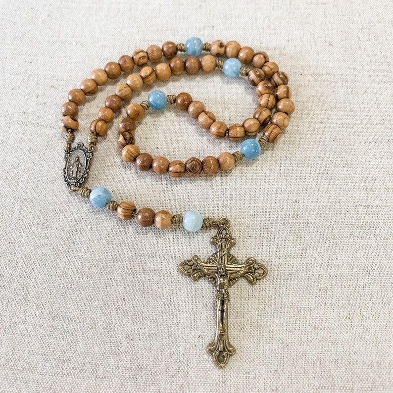 Catholic rosary with Holy Land olive wood beads aquamarine image 0
