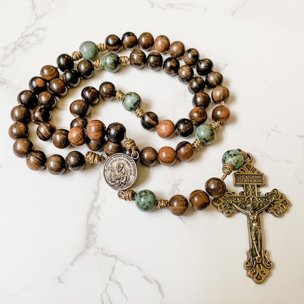 Rosario de San José de Refuge Rosaries con cuentas de madera de ébano, microcordón, medallas de bronce y piedras preciosas turquesas / Rosario de paracord