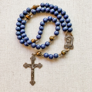 Marian Rosary with bronze rosary parts, cobalt blue wood beads, tigers eye gemstone beads, and micro cord | Catholic gift