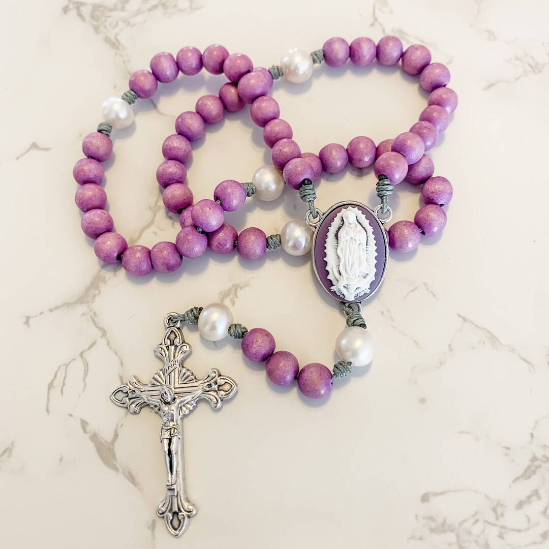Catholic Rosary With Cameo Our Lady of Guadalupe Centerpiece, Purple