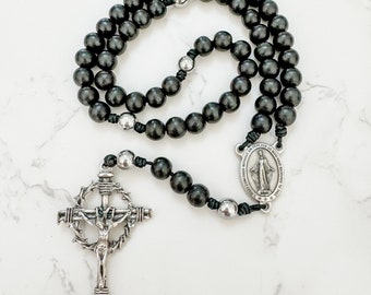 Catholic Rosary with black wood beads, silver hematite , micro cord | Miraculous Medal rosary | Lent rosary | Crown of thorns crucifix