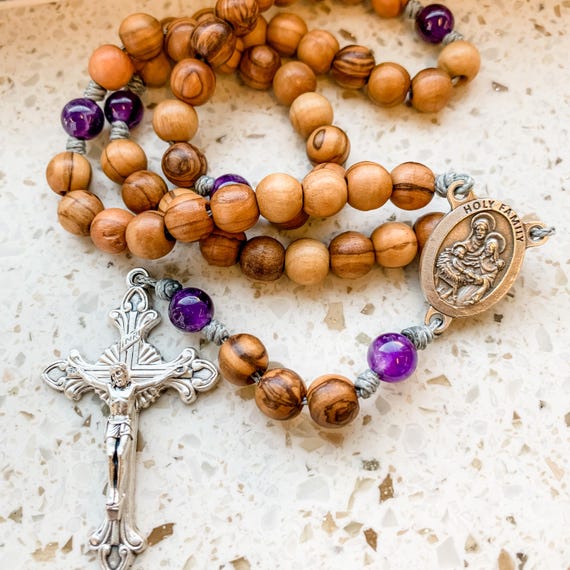 Holy Family Rosary Beads Made With Olive Wood and Amethyst Beads