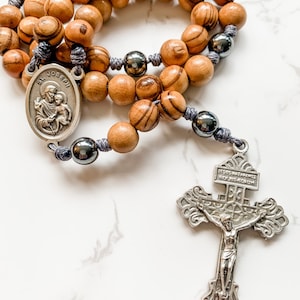 St Joseph Rosary with Holy Land Olive Wood beads and hematite beads | Micro Cord Rosary | Rosary for men | Catholic gift | Pardon Crucifix