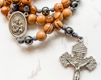 St Joseph Rosary with 8mm Holy Land Olive Wood and hematite beads | Micro Cord Rosary | Rosary for men | Catholic gift | Pardon Crucifix