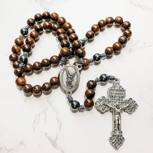 Saint Michael Handmade Catholic Rosary made with gray wood and hematite beads | Paracord rosary | Rosary for men