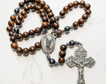 Saint Michael Handmade Catholic Rosary made with gray wood and hematite beads | Paracord rosary | Rosary for men