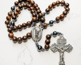 St Michael Catholic Rosary made with wood and hematite beads and micro cord | Micro cord rosary | Pardon crucifix | Rosary for men