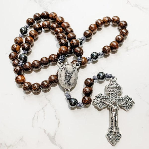 St Michael Catholic Rosary made with wood and hematite beads and micro cord | Micro cord rosary | Pardon crucifix | Rosary for men